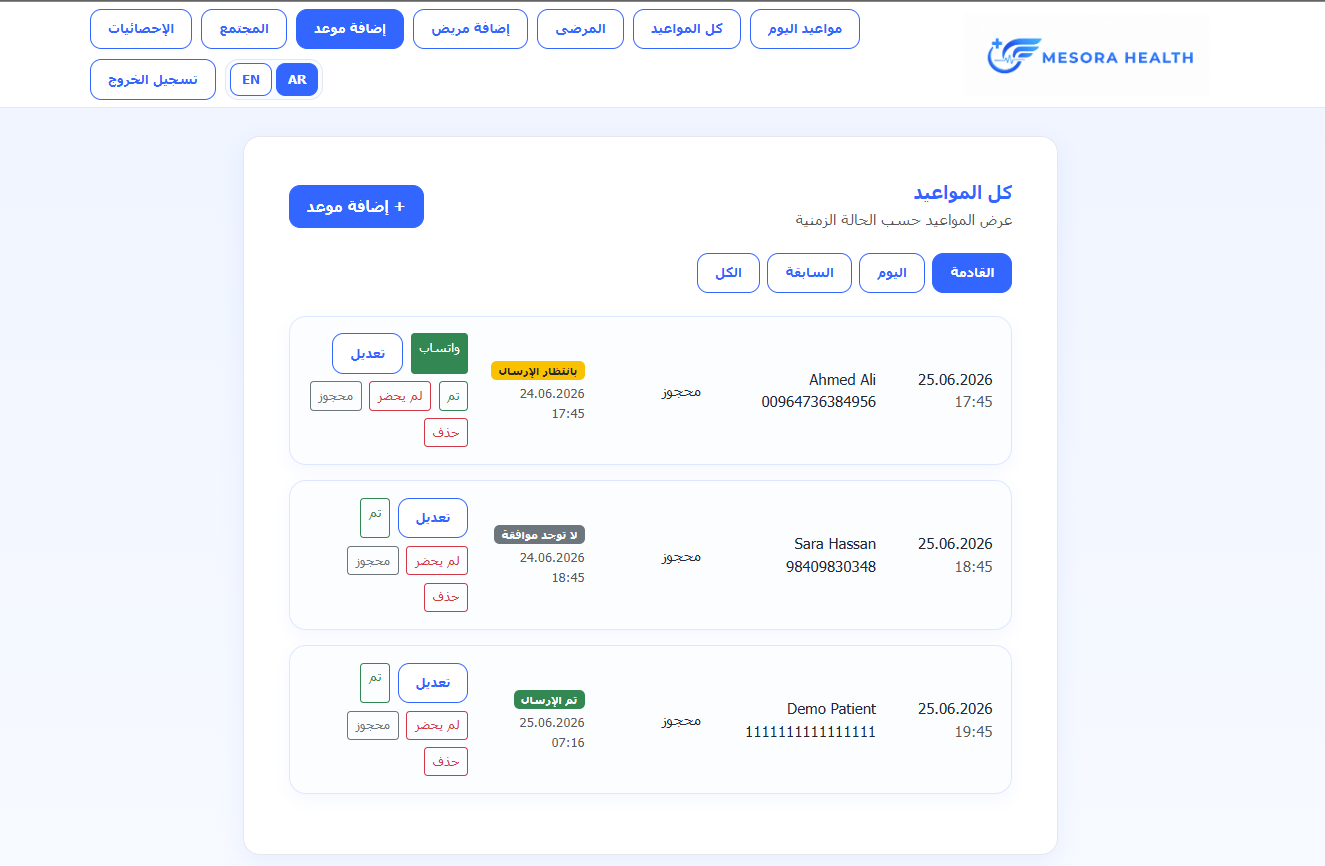 جميع المواعيد في Mesora Health